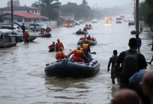 Emergency responders rescuing individuals during the Kerrville floods.