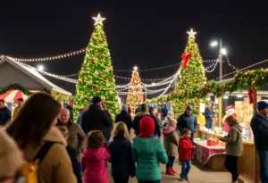 Family gathering at the Leander Christmas Festival with a large Christmas tree.