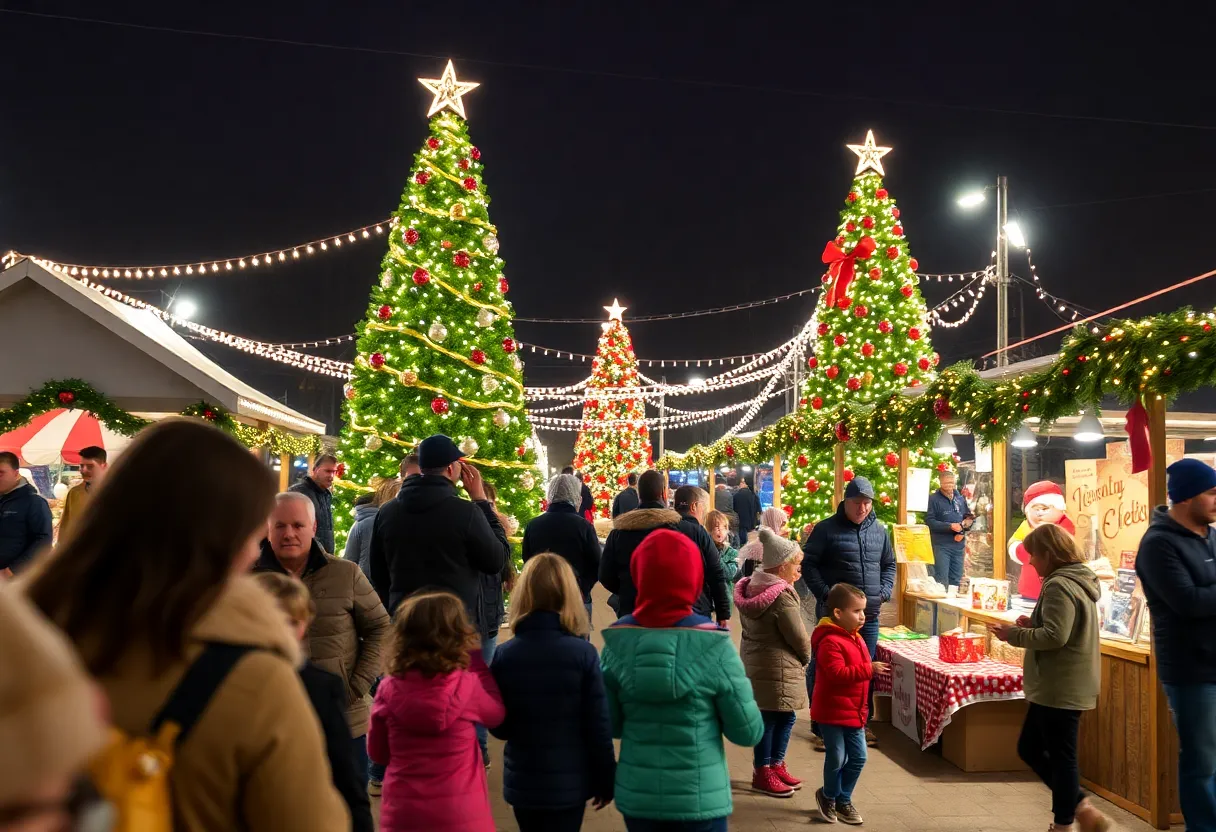Family gathering at the Leander Christmas Festival with a large Christmas tree.