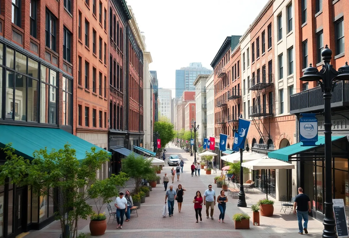 A vibrant downtown scene in the historic district of Leander, Texas