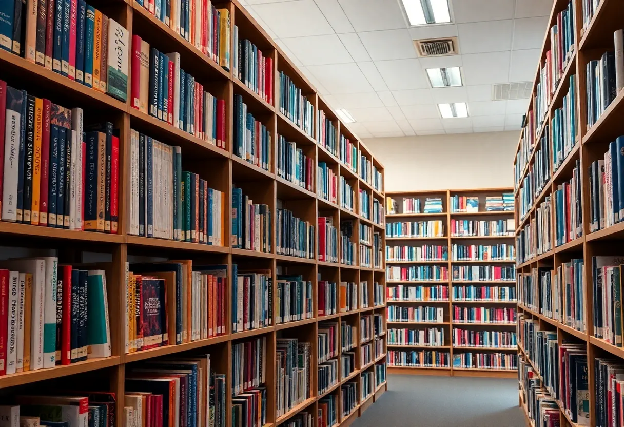 Diverse range of books in a public library representing free speech