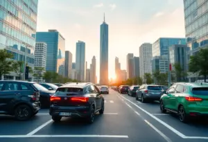 Urban landscape depicting electric vehicles and battery technology