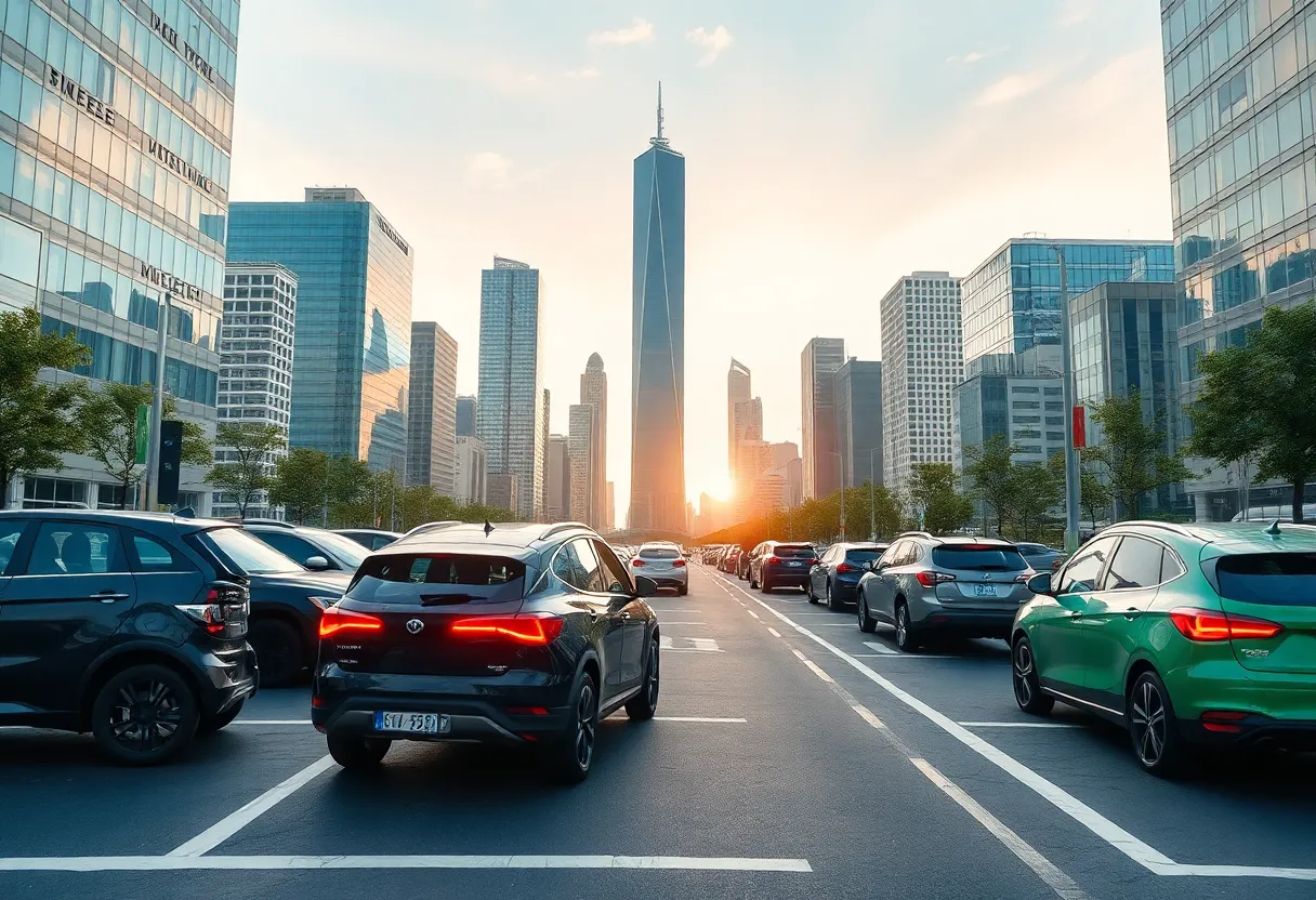 Urban landscape depicting electric vehicles and battery technology