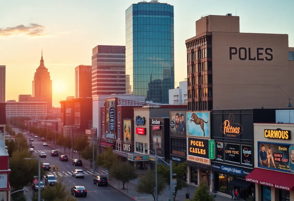 A depiction of Austin's skyline with digital marketing symbols indicating local SEO.