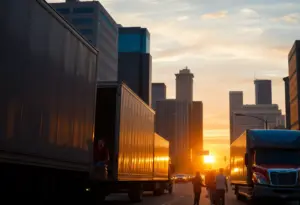 Los Angeles cityscape with moving trucks symbolizing outbound migration