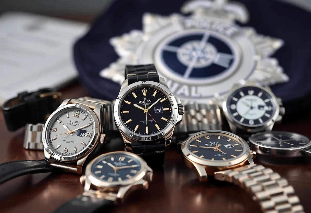 Luxury watches on a table with a police badge in the background.