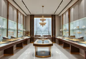Interior of Malabar Gold & Diamonds showroom featuring exquisite jewellery displays.