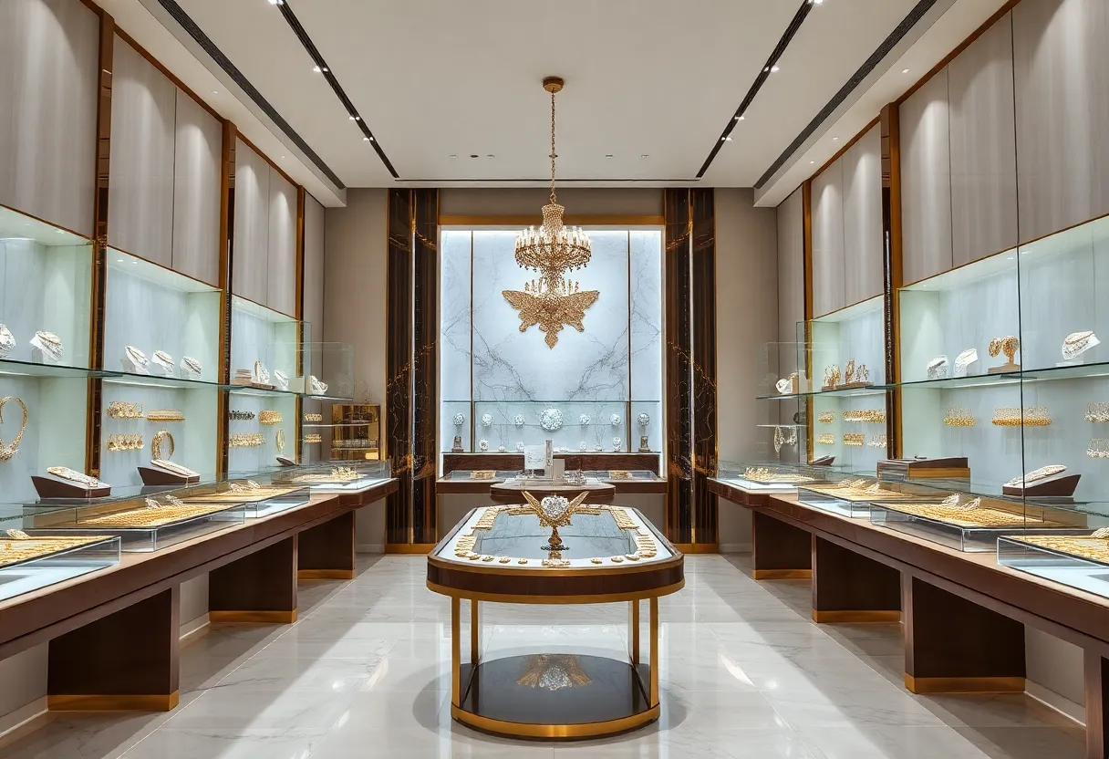 Interior of Malabar Gold & Diamonds showroom featuring exquisite jewellery displays.