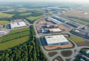 Aerial view of construction and industrial development in Marble Falls Business Park
