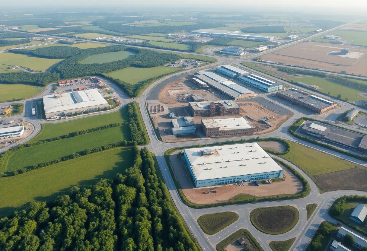 Aerial view of construction and industrial development in Marble Falls Business Park
