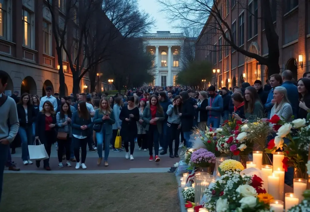 Memorial site for a Texas A&M University student with flowers and candles.