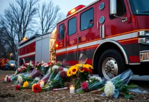 Memorial flowers and fire truck at the site honoring Deputy Chief Austin Cooley