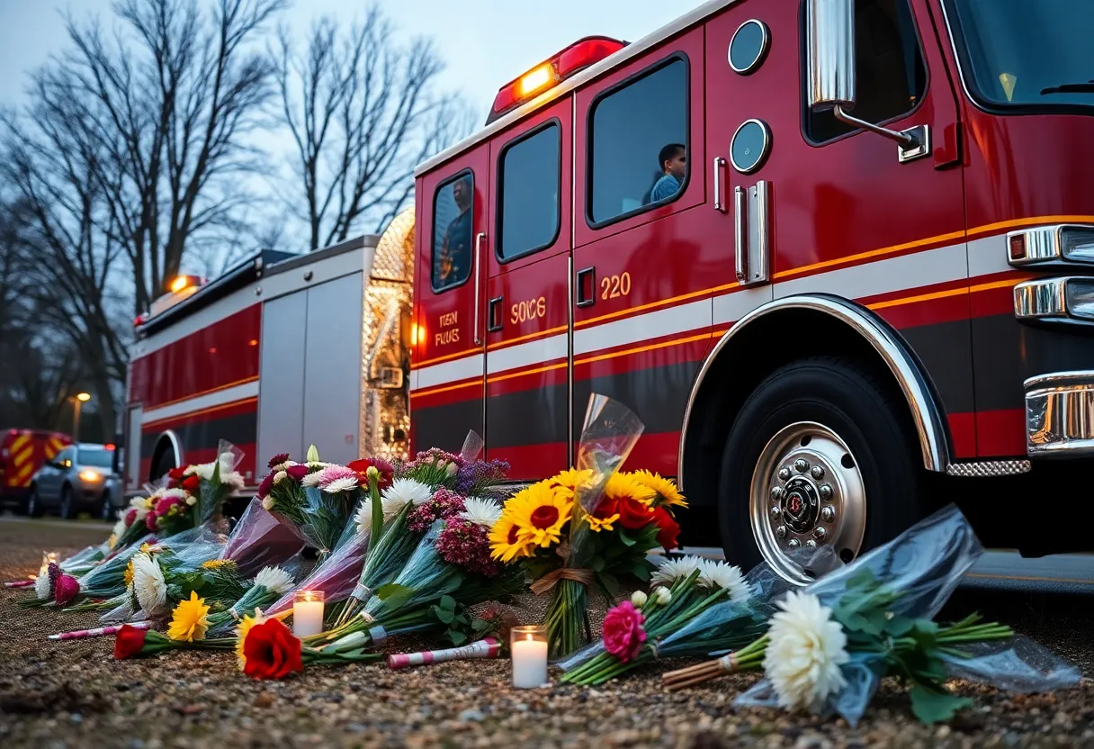 Memorial flowers and fire truck at the site honoring Deputy Chief Austin Cooley