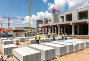 Workers collaborating on precast concrete product installation at a Texas construction site.