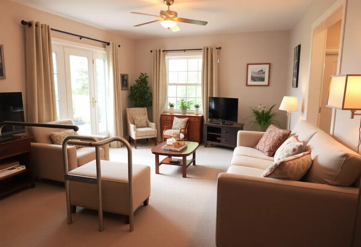 Living room featuring mobility aids for accessibility