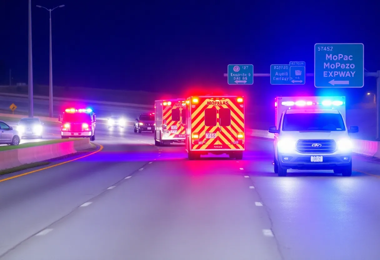 MoPac Expressway closed due to fatal crash, with emergency vehicles present.