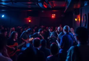 A band performing blues music on stage in a lively venue.