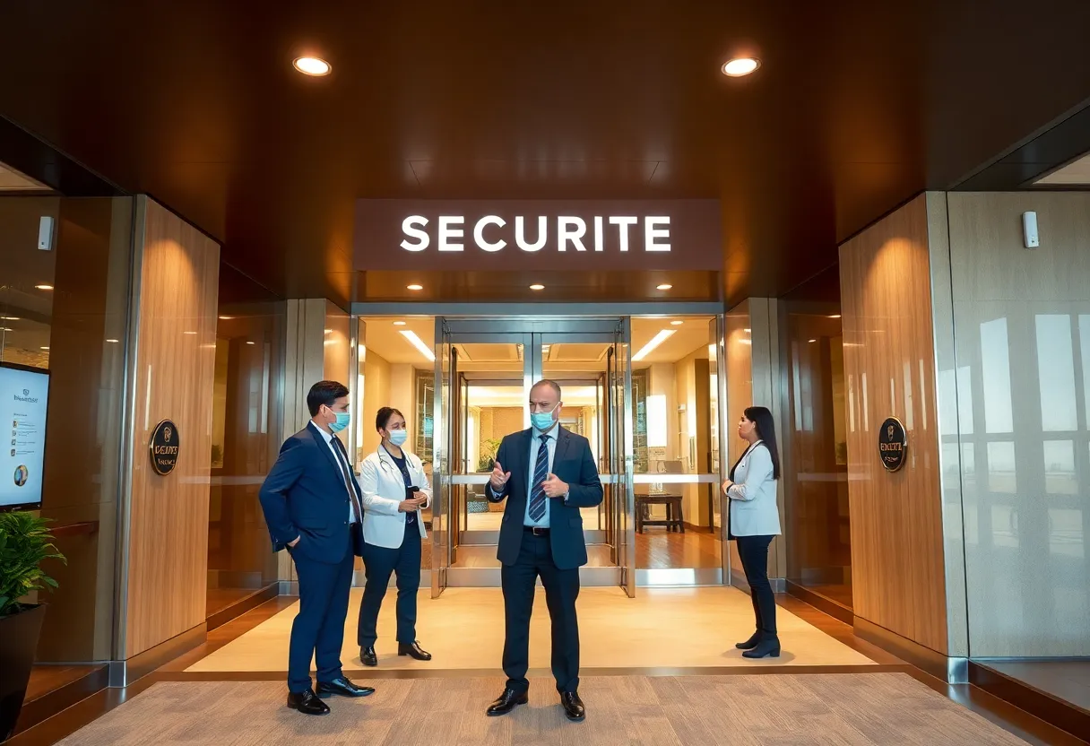 A group of hospitality professionals participating in a safety training session at a hotel.