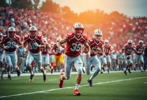 A college football game in action with players competing on the field.