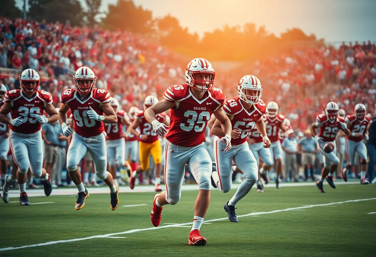 A college football game in action with players competing on the field.