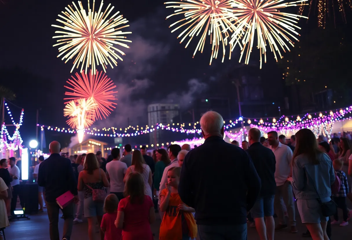 Festive New Year's Eve celebration in Austin with families and fireworks.