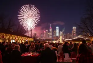 Audience enjoying New Year's Eve celebration with fireworks in Austin