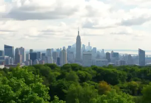 New York City skyline with green landscape representing migration