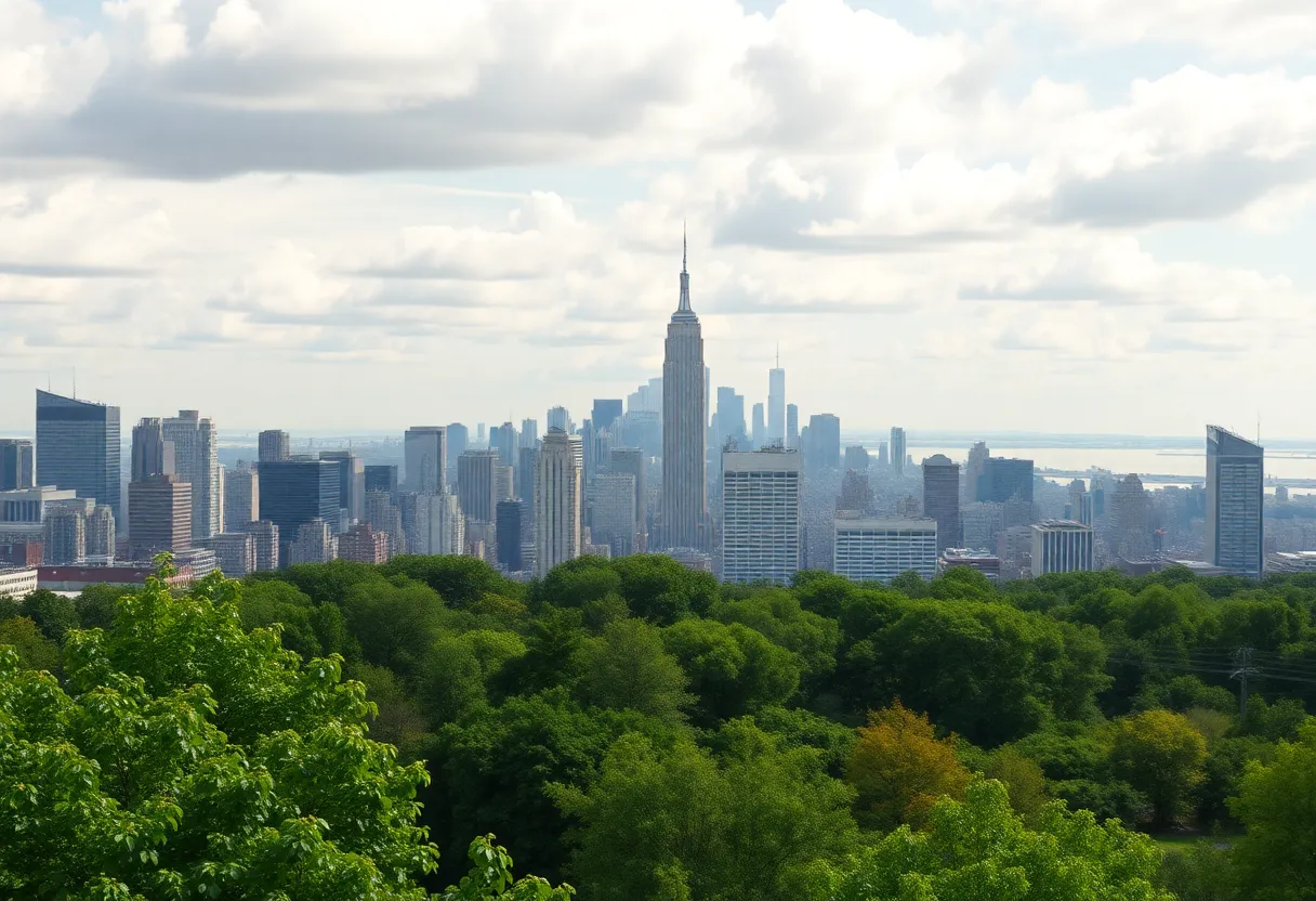 New York City skyline with green landscape representing migration