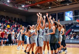 Northwestern State Lady Demons celebrating their win on the basketball court
