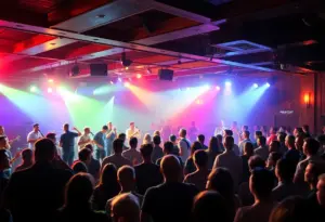 Local artists performing at Open Mic Night in a lively lounge.