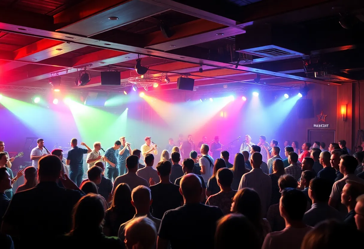 Local artists performing at Open Mic Night in a lively lounge.