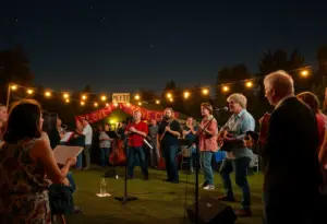 Performers at an outdoor open mic night showcasing poetry and music