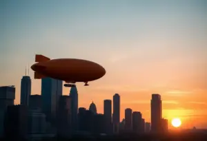 Orange blimp promoting Marty Supreme over the Houston skyline
