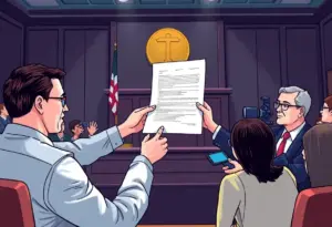 A courtroom scene depicting the unsealing of divorce records