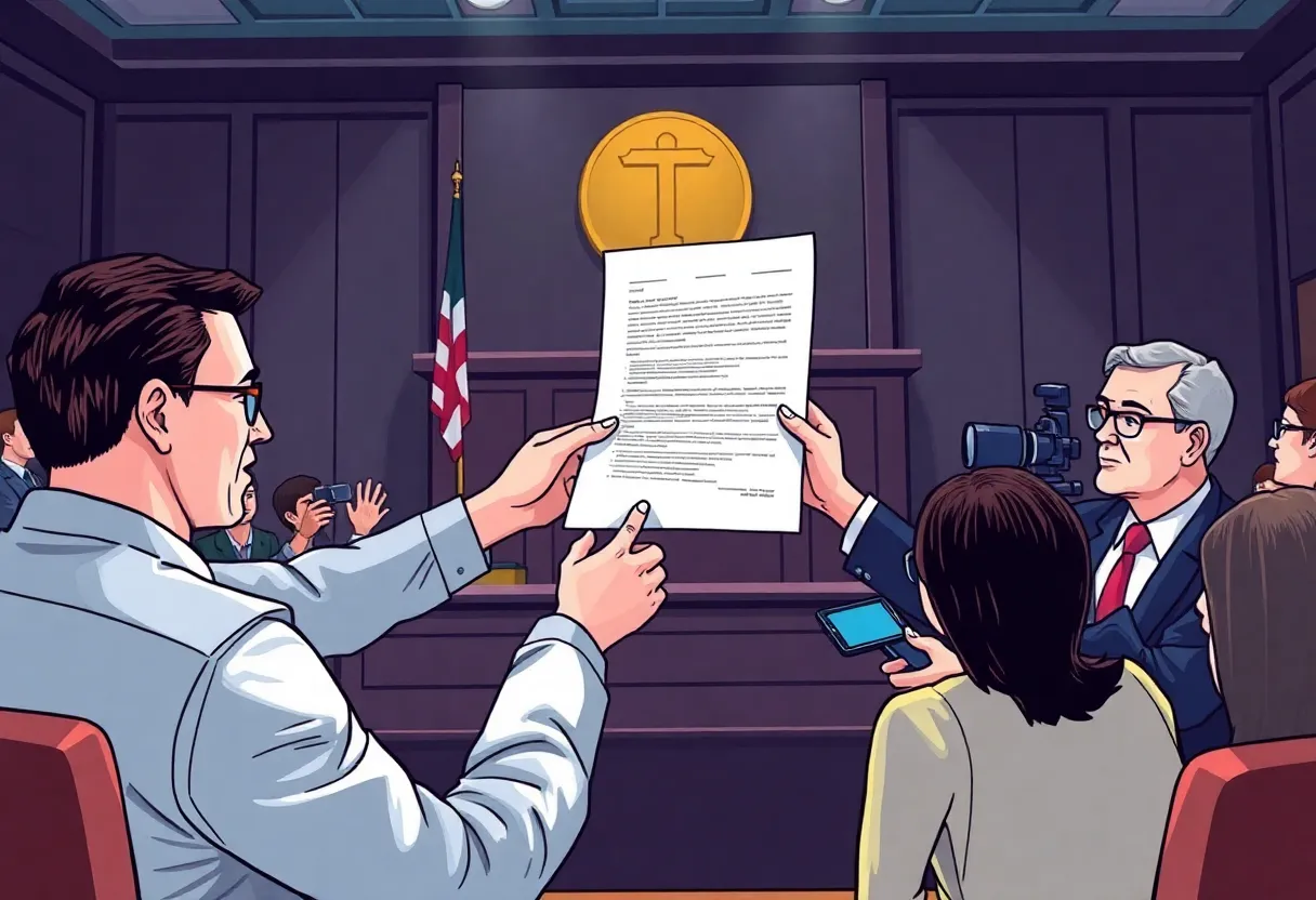 A courtroom scene depicting the unsealing of divorce records