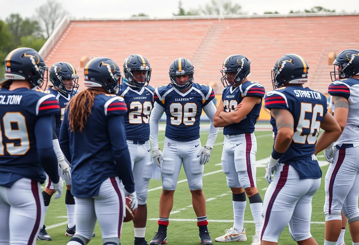 Penn State football team strategizing on the field with coaches.