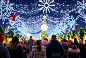 Families enjoying Peppermint Parkway with colorful holiday lights