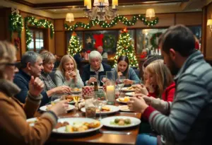 Families enjoying a festive holiday meal at Pluckers Wing Bar