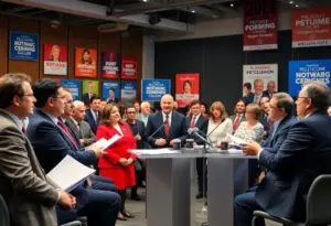 A diverse group of politicians discussing in a conference hall