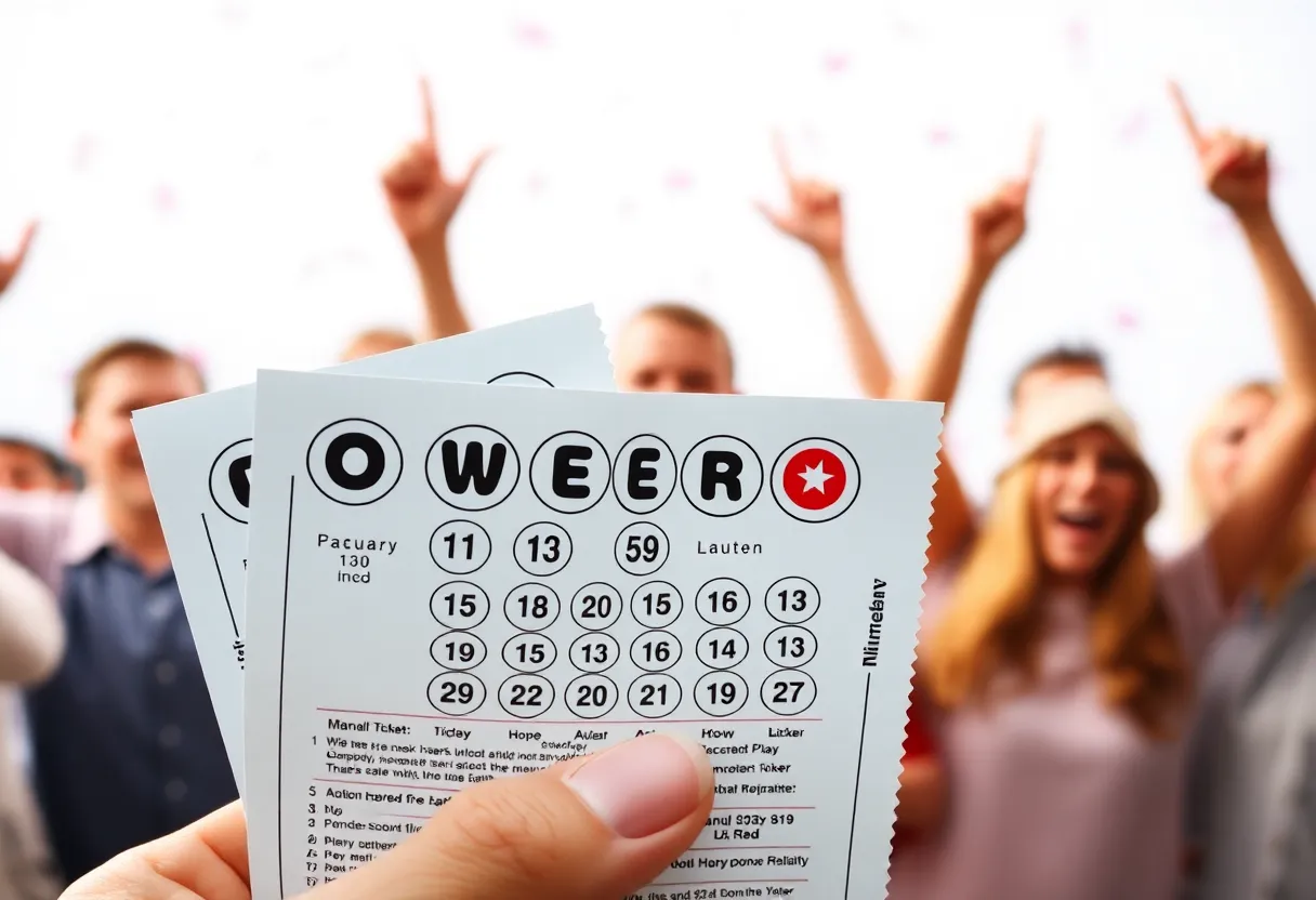 Powerball lottery tickets with excited individuals in the background