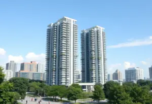 Rendering of two proposed 30-story towers for student housing in Austin