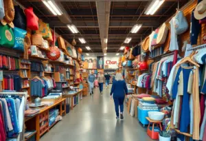 Interior view of Red, White & Blue Thrift Store with shoppers