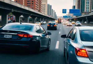 Dramatic scene depicting a road rage incident on a busy highway.