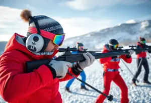 A group of Russian athletes participating in a biathlon competition in snowy surroundings