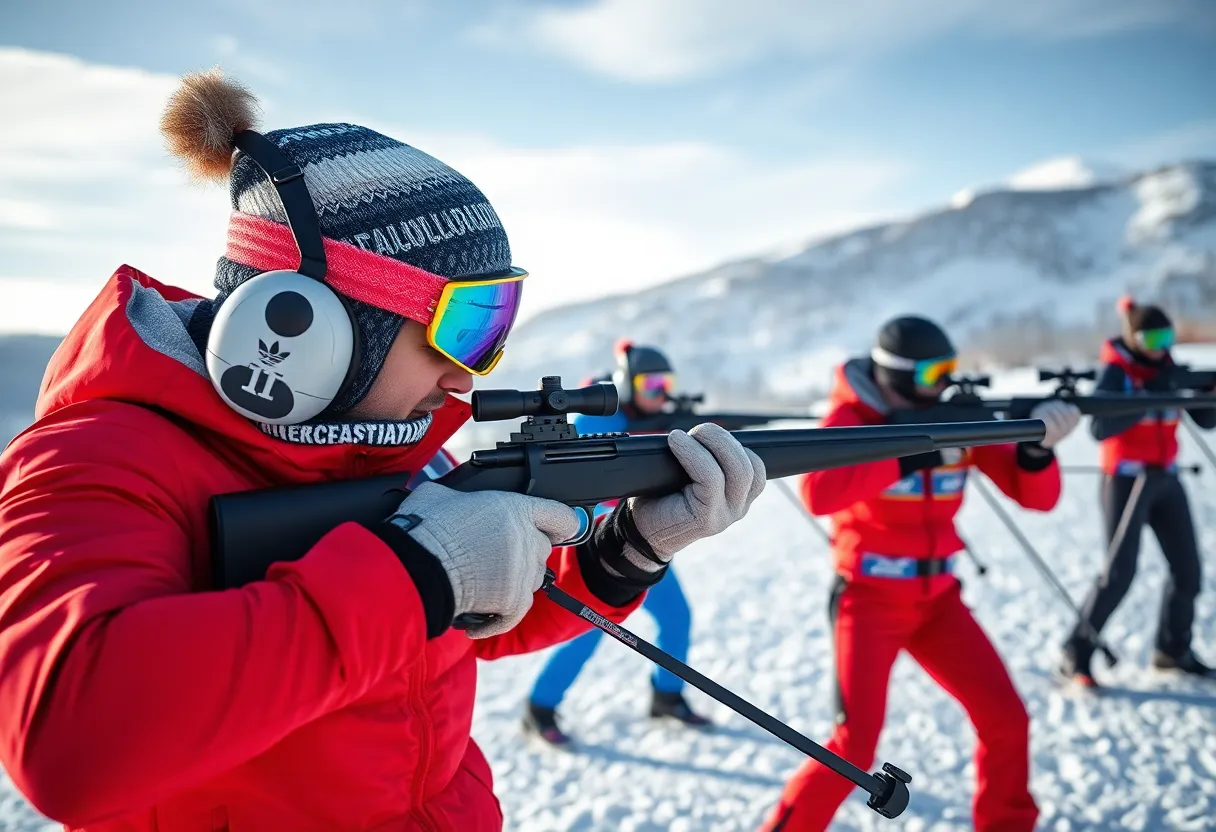 A group of Russian athletes participating in a biathlon competition in snowy surroundings