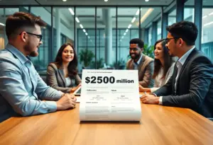 Professionals discussing venture capital in a modern office.