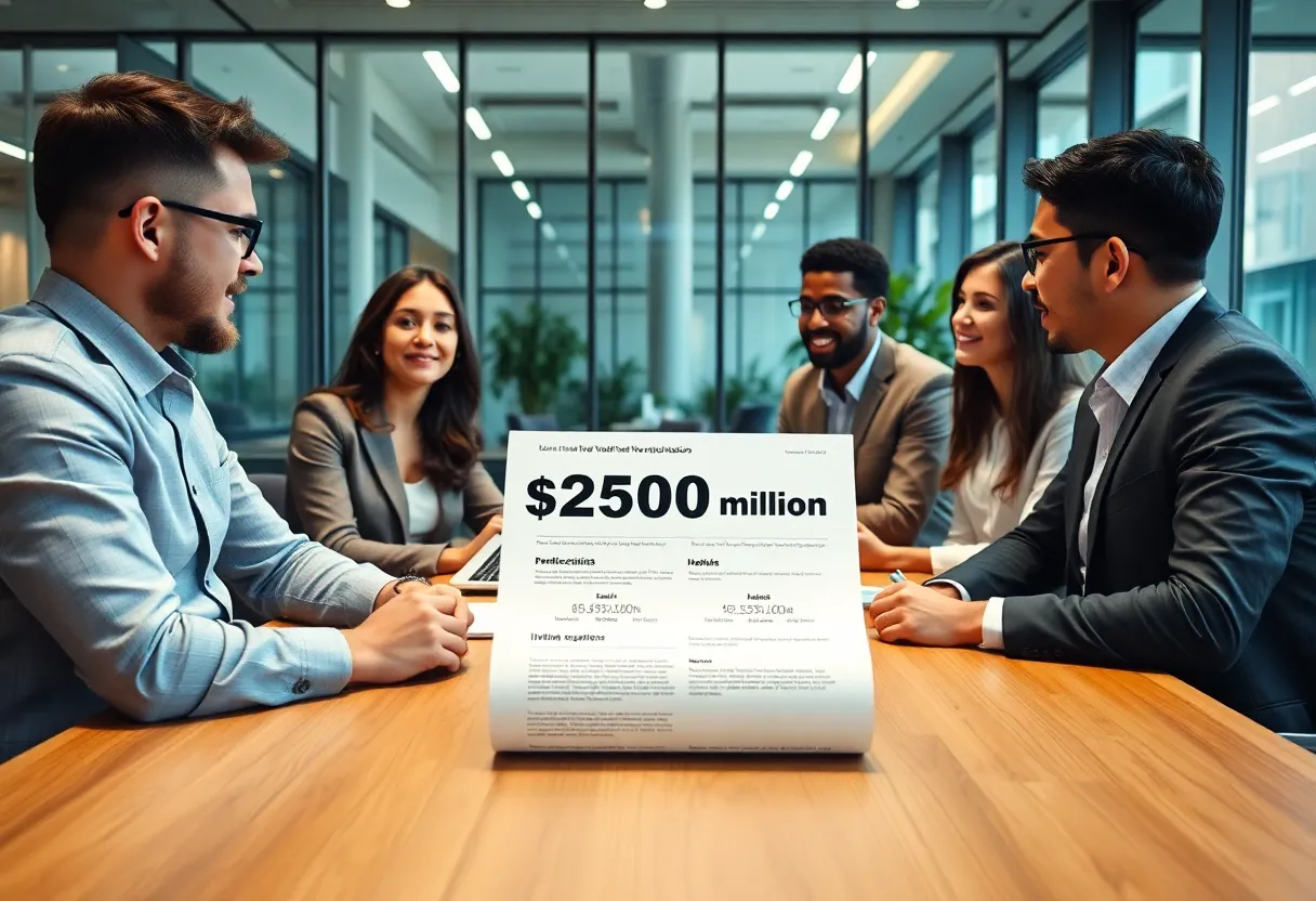 Professionals discussing venture capital in a modern office.