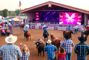 Scene from the San Antonio Stock Show Rodeo with cowboys and families.