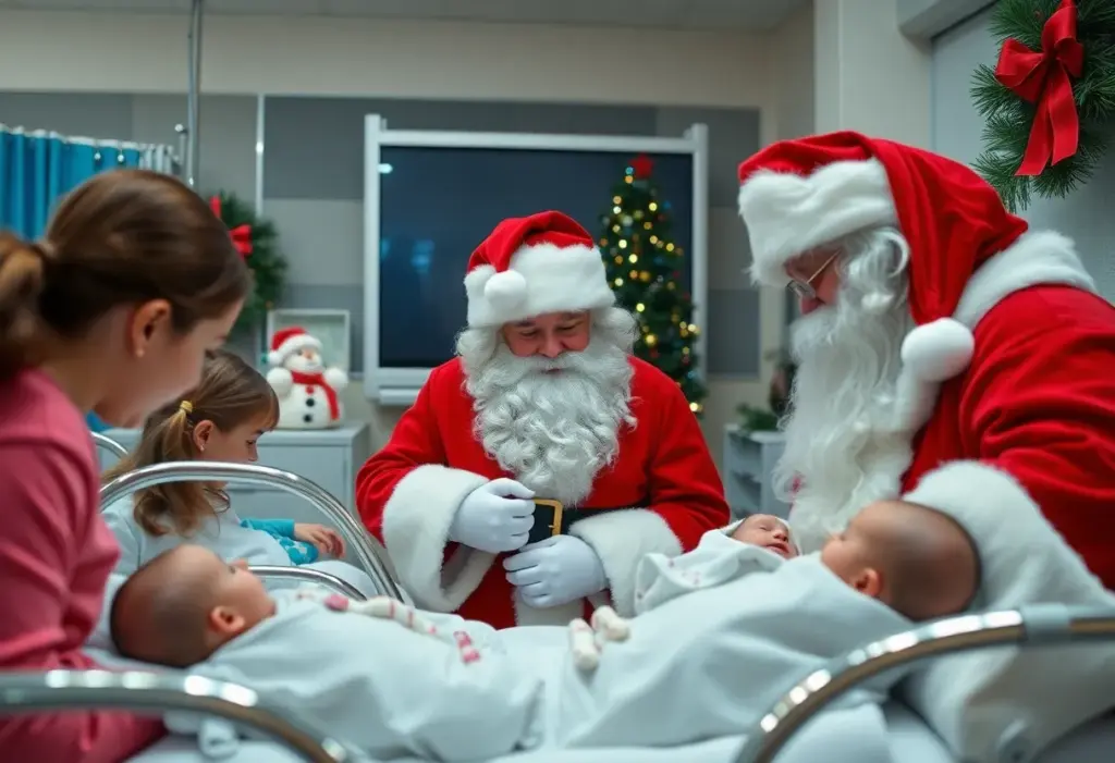 Santa Claus visiting NICU patients with holiday decorations