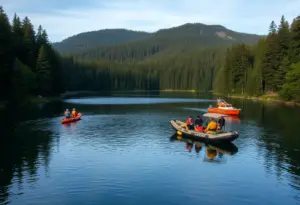 Rescue teams searching a lake surrounded by trees.